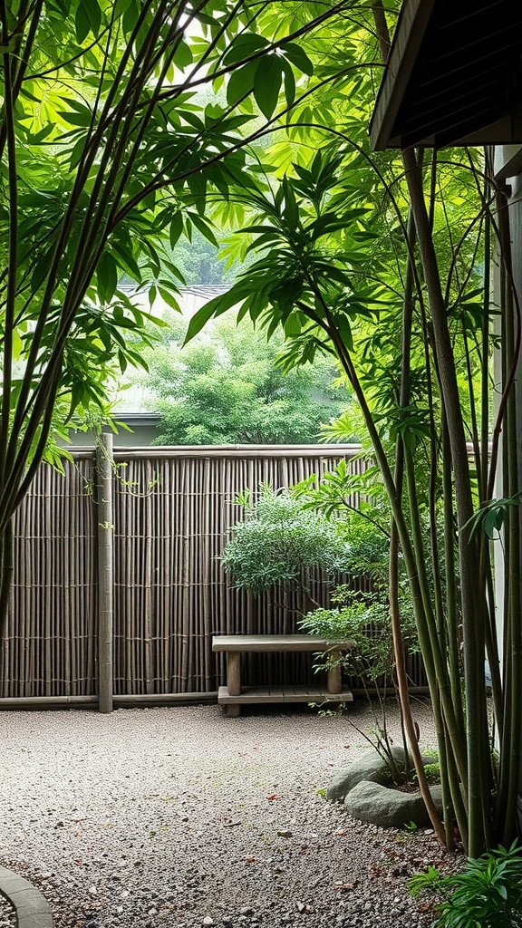 A modern Japanese garden with bamboo, greenery, and a wooden bench.
