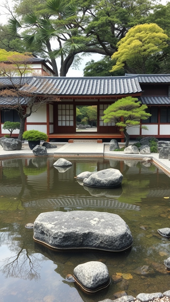 A serene Japanese courtyard garden featuring a pond with rocks and trees.