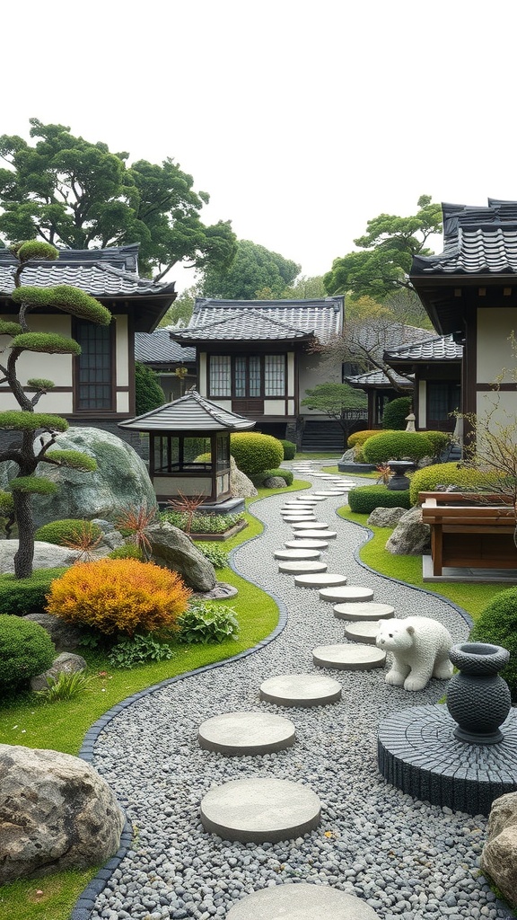 A serene Japanese courtyard garden with stepping stones, greenery, and traditional architecture.
