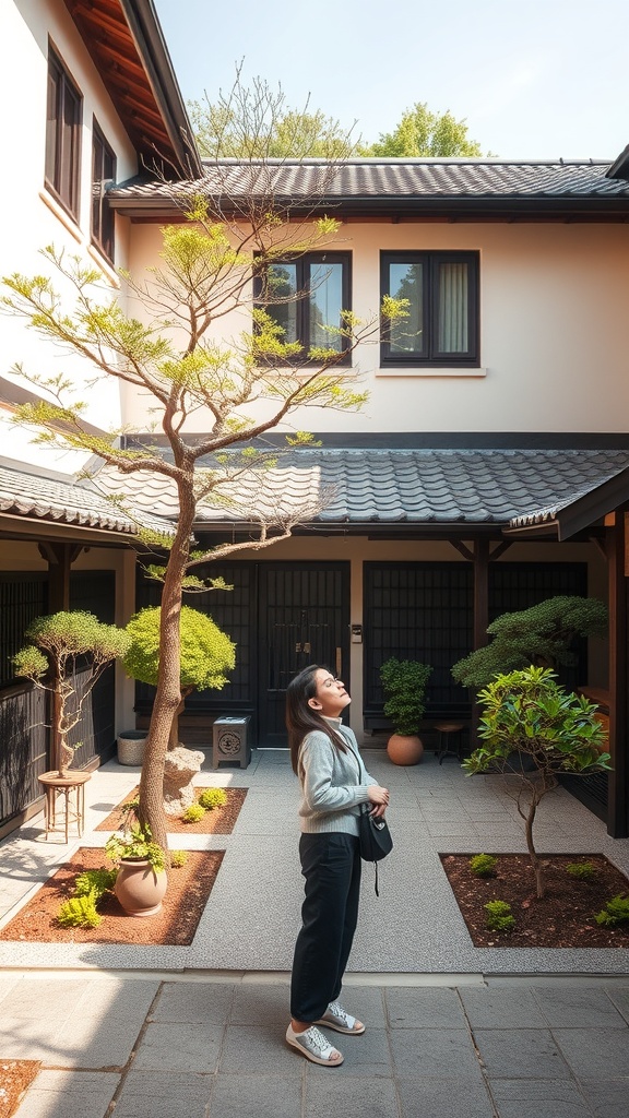 A woman enjoying a tranquil Japanese courtyard garden with trees and plants.