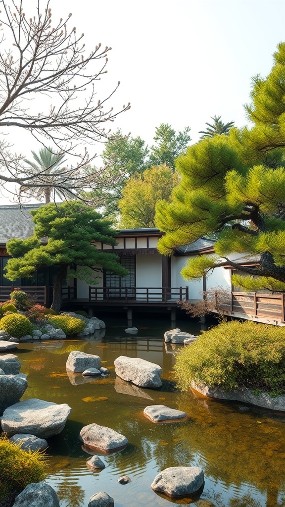 A tranquil Japanese courtyard garden featuring a pond, rocks, and lush greenery.