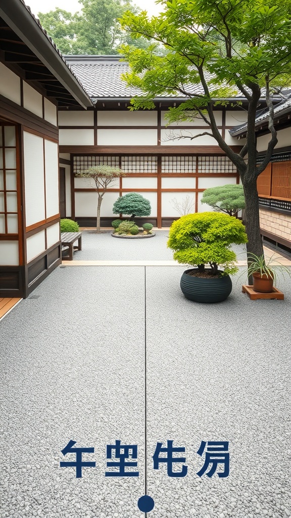 A serene Japanese courtyard garden with carefully arranged plants and gravel.