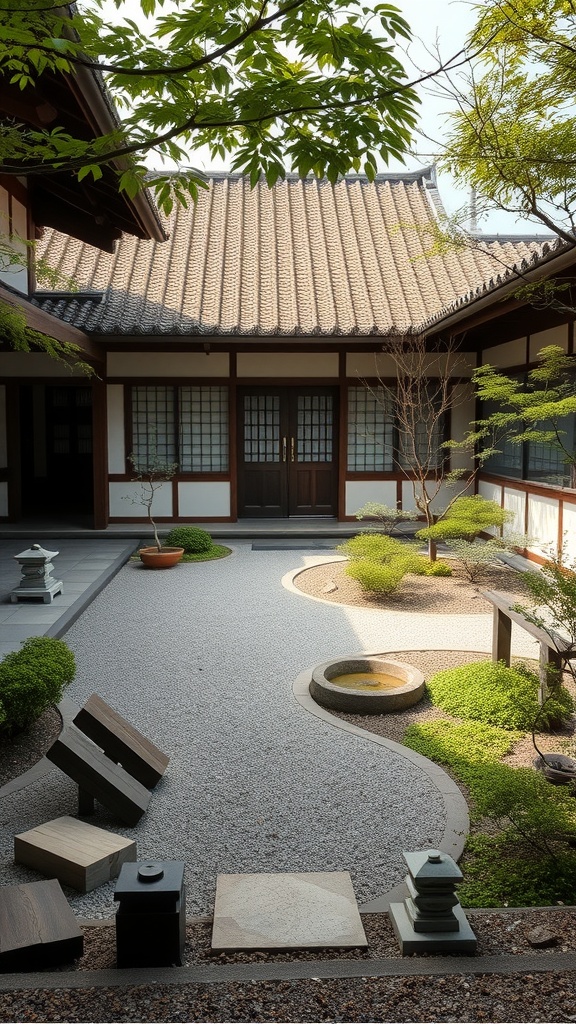 A serene Japanese courtyard garden featuring gravel, stones, and greenery.