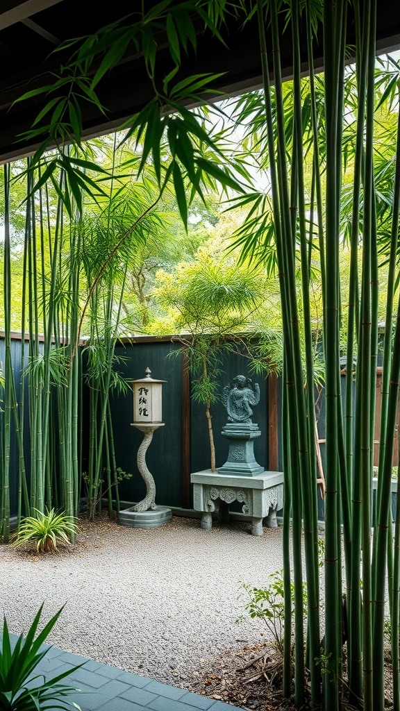 A serene Japanese courtyard garden featuring bamboo, a stone lantern, and a statue.