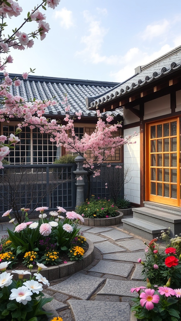 A beautiful Japanese courtyard garden featuring cherry blossoms and colorful flowers.