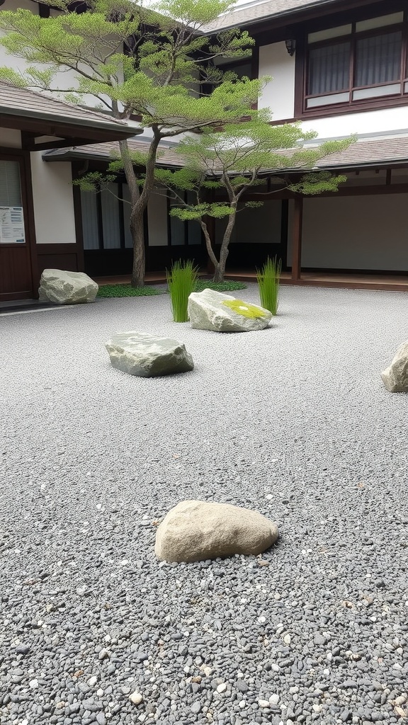 A Japanese courtyard garden featuring rocks and gravel with a tree in the background.