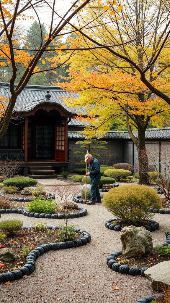 A gardener maintaining a Japanese courtyard garden in autumn.