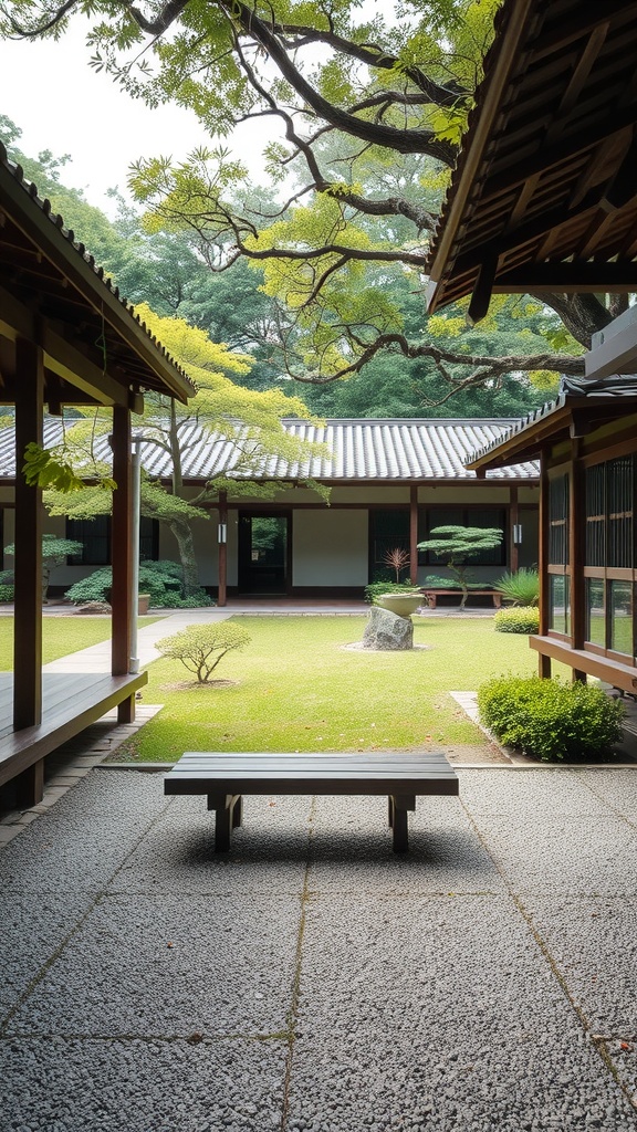 A peaceful Japanese courtyard garden featuring a wooden bench surrounded by greenery.