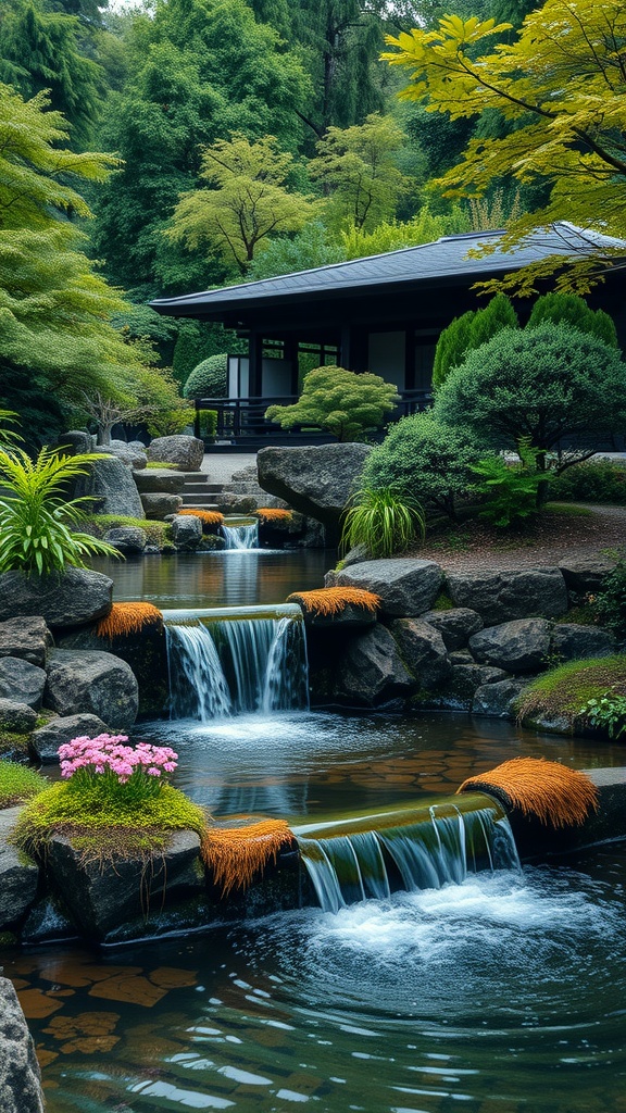 A serene Japanese courtyard garden featuring flowing water and lush greenery.