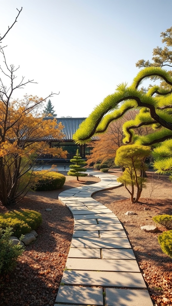 A serene Japanese courtyard garden with a winding stone path, lush greenery, and autumn foliage.