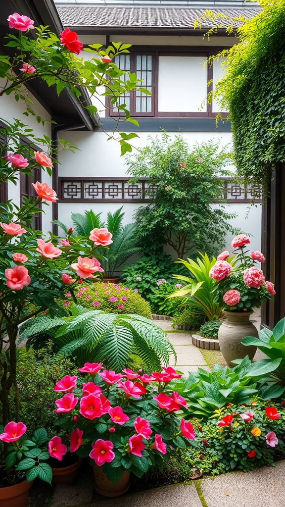 A vibrant Japanese courtyard garden filled with colorful flowers and lush greenery.