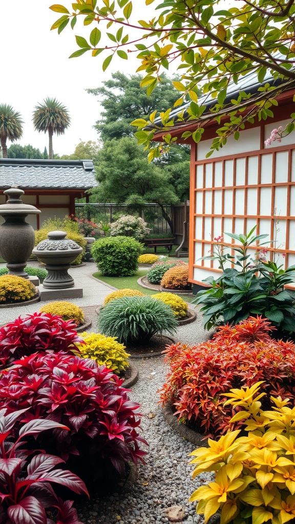 A vibrant Japanese courtyard garden showcasing various colorful plants and a serene atmosphere.