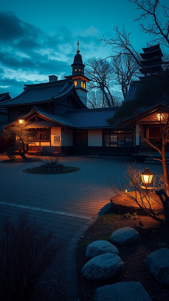 A Japanese courtyard garden illuminated at dusk with warm lights.
