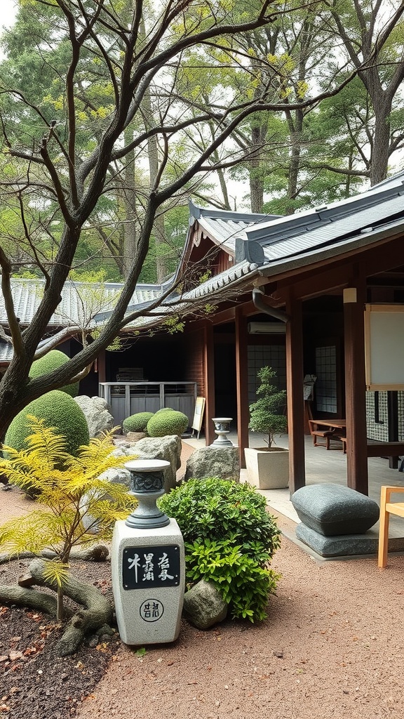 A serene Japanese courtyard garden featuring natural materials like stone and wood.