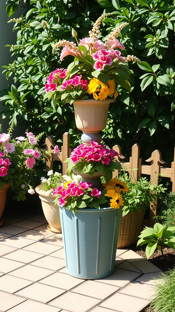 A tiered plant stand featuring colorful seasonal flowers in a garden setting.
