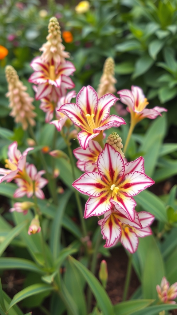 Close-up of Tigridia flowers with pink and white stripes surrounded by green foliage.