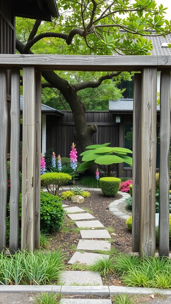 A traditional wooden gate leading into a small Japanese garden with vibrant flowers and lush greenery.