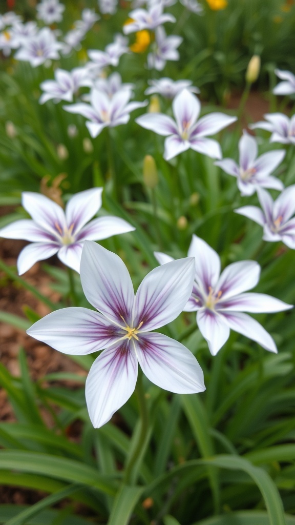 Close-up of Triteleia flowers with white petals and purple stripes in a garden setting.