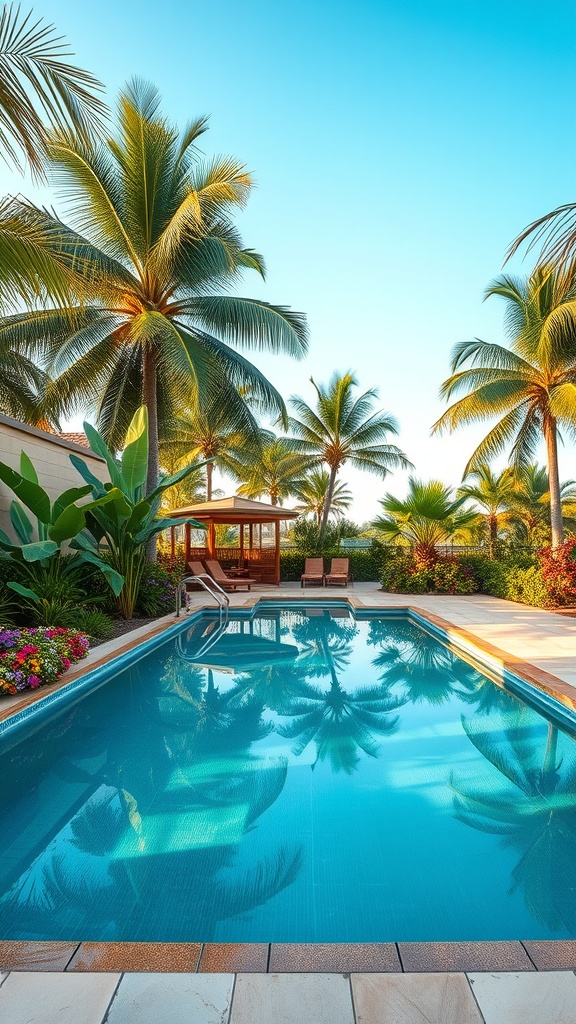 A luxurious pool surrounded by palm trees and tropical plants, featuring lounge chairs and a gazebo.