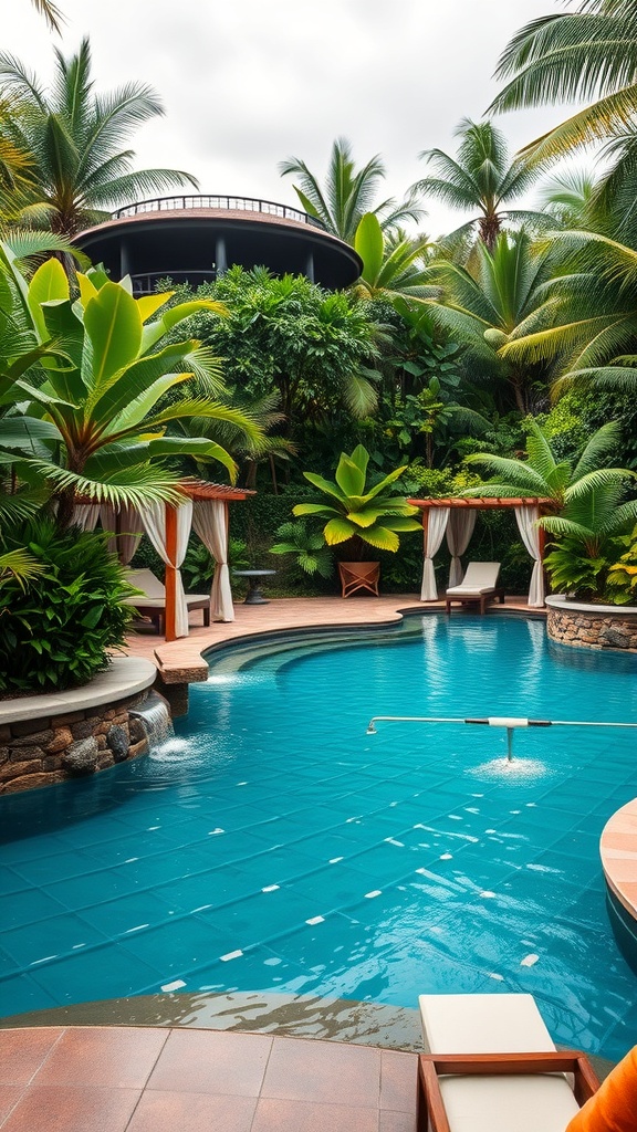 A luxurious pool surrounded by tropical plants and cabanas, creating a serene retreat.