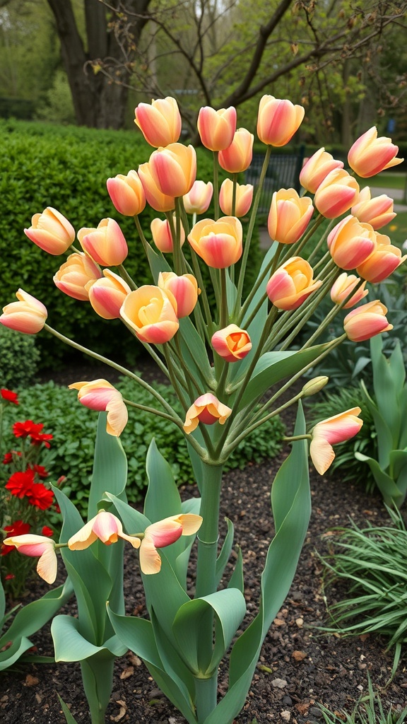 A cluster of tulip flowers in shades of orange and pink, surrounded by green foliage.