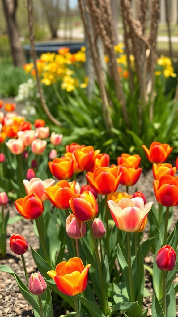 A vibrant garden filled with red, orange, and pink tulips blooming in spring.