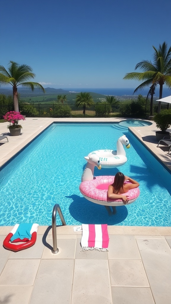 A luxurious pool with a flamingo float, surrounded by palm trees and a scenic view.