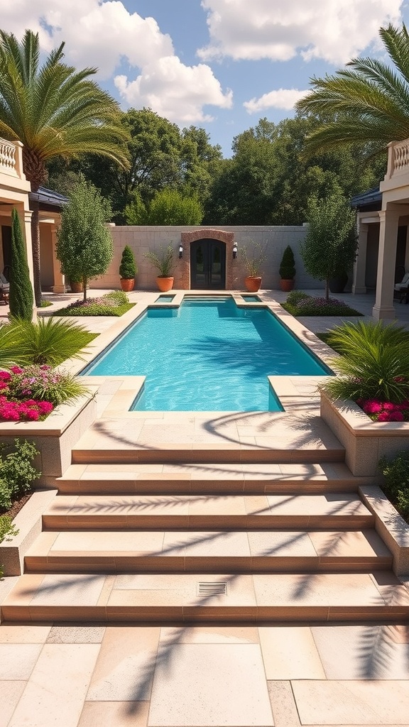 A luxurious pool area featuring a clear blue pool, surrounded by palm trees and colorful flowers, with wide steps leading down to the water.
