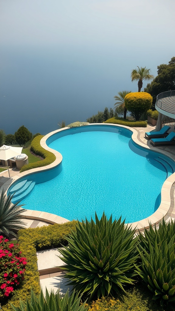 A luxurious pool with unique organic shape surrounded by lush greenery and flowers.