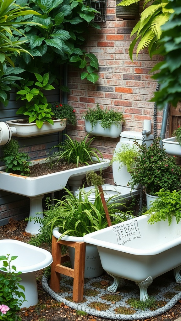 A garden featuring upcycled bathroom fixtures as planters, including bathtubs and sinks filled with various plants.