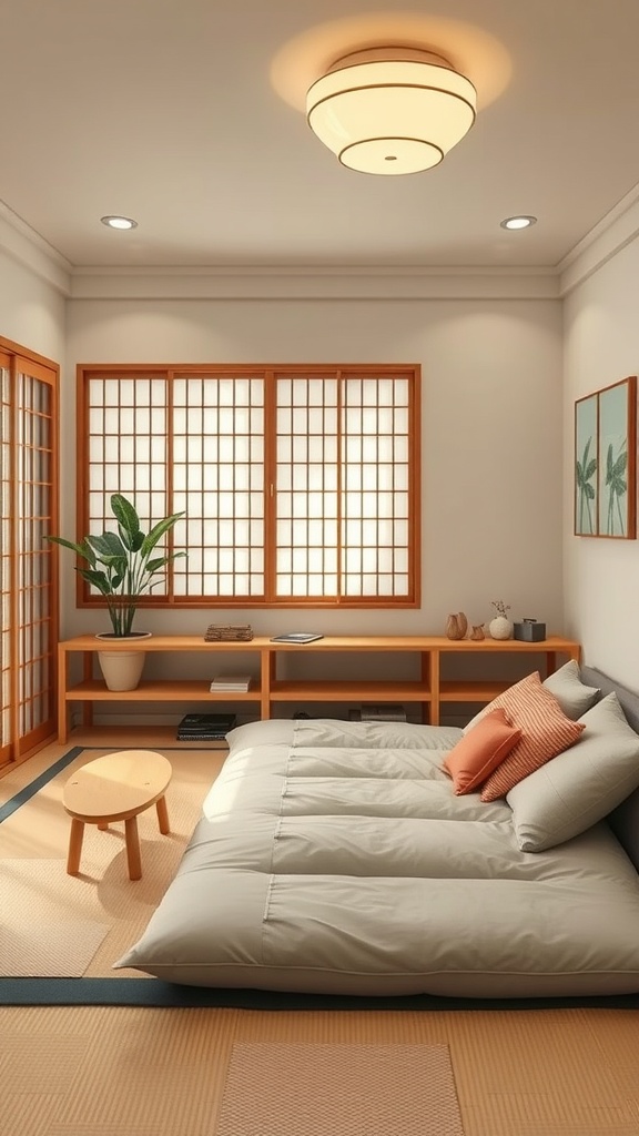 A cozy Japanese living room featuring a futon on tatami mats, wooden furniture, and natural light from shoji windows.