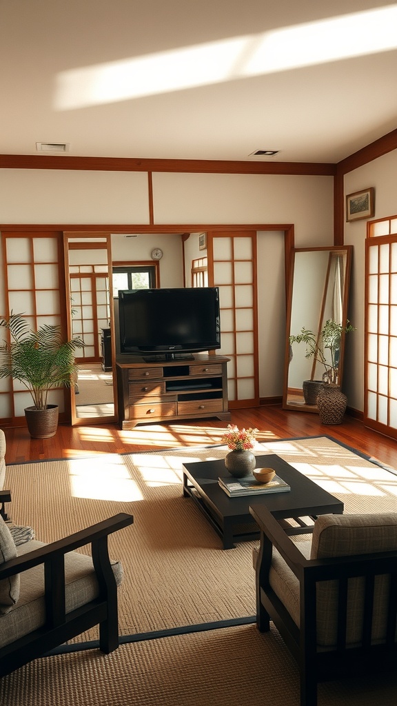A Japanese living room featuring mirrors that enhance light, with wooden furniture and natural decor.