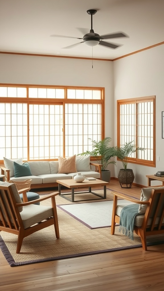 A cozy Japanese living room with natural fabrics and wooden furniture, featuring a comfortable sofa and plants.