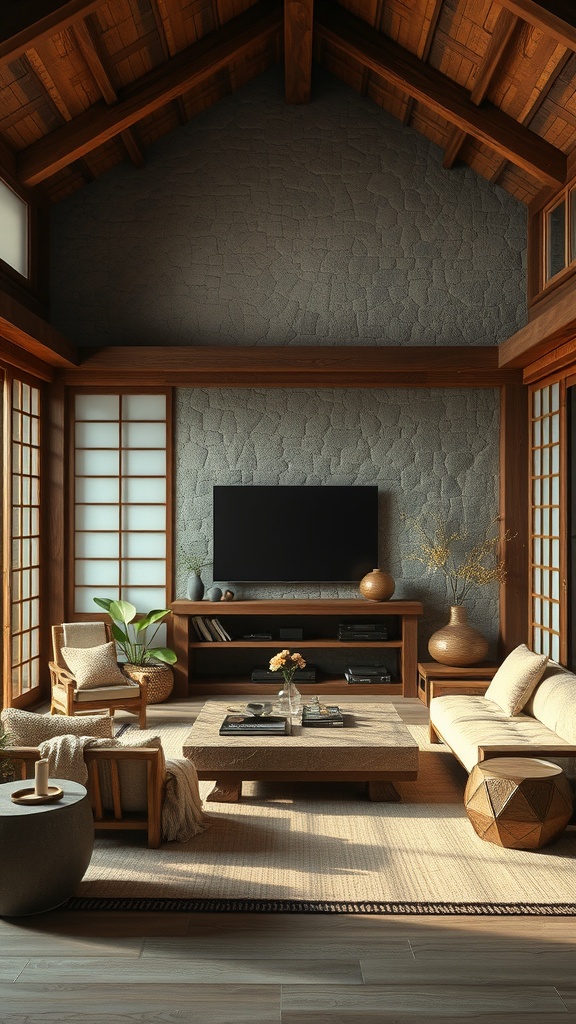 A Japanese living room featuring a textured stone wall, wooden furniture, and plants, creating a rustic and inviting atmosphere.
