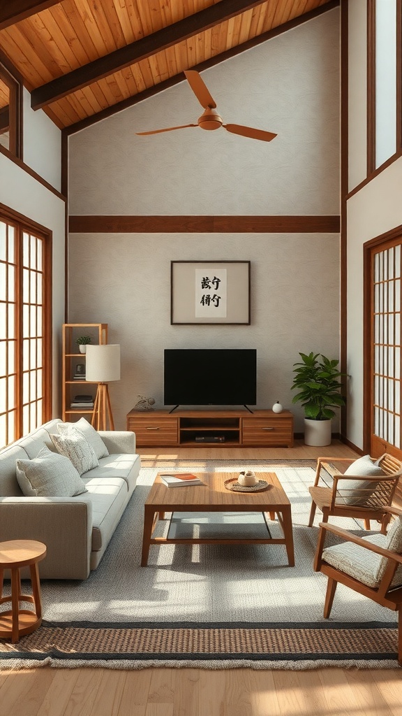 A Japanese living room featuring neutral textiles, wooden furniture, and a plant.