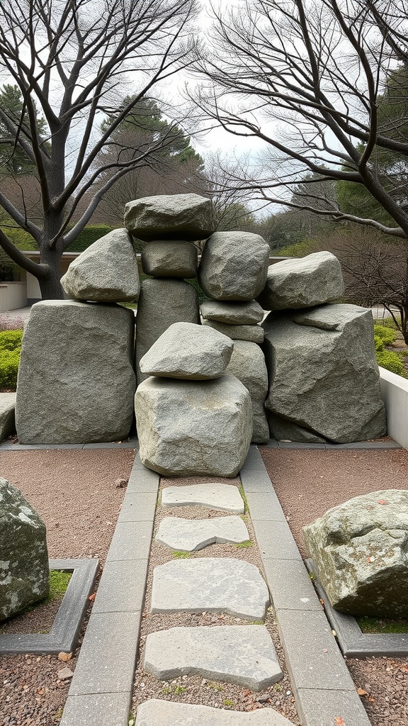 An arrangement of large stones in a modern Japanese garden, with a pathway made of stepping stones leading through.