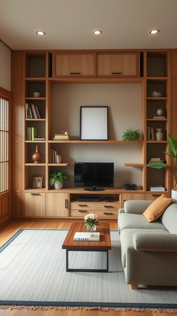 A modern Japanese living room featuring built-in wooden shelving with books, plants, and a TV.