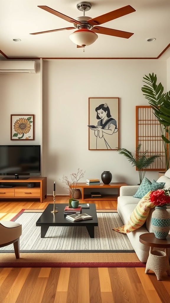 A cozy Japanese living room featuring a beige sofa with colorful cushions, wooden furniture, and decorative wall art.
