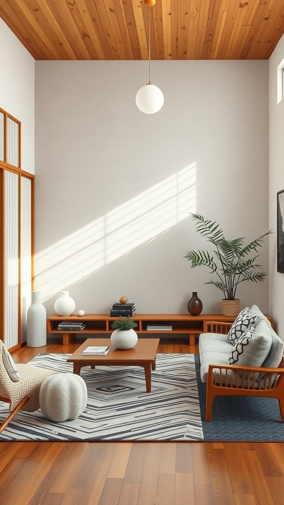 A modern Japanese living room featuring geometric patterns in the rug and furniture.