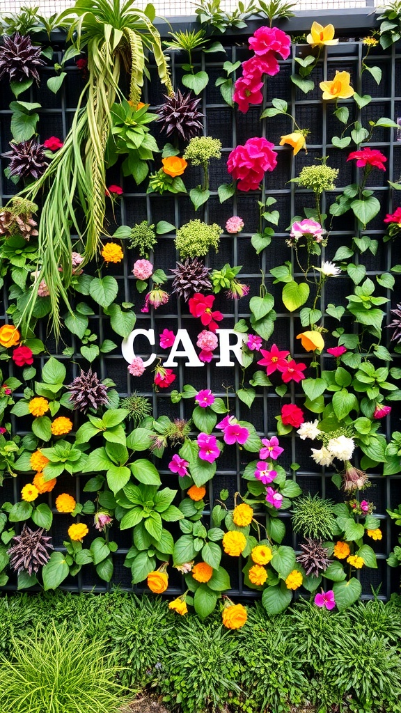 A vibrant vertical garden wall filled with colorful flowers and greenery.