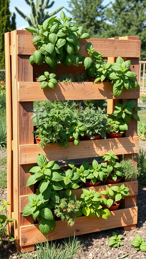 Vertical herb garden made from a wooden pallet with various green herbs growing in pots.