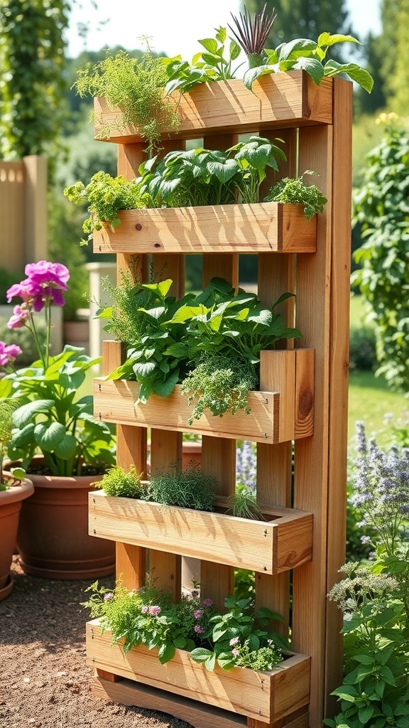 A vertical herb garden featuring tiered wooden planters filled with various herbs and plants.
