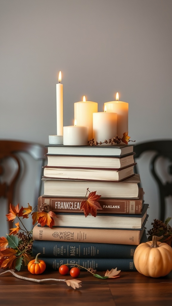 A cozy fall centerpiece featuring stacked vintage books, candles of varying heights, and decorative pumpkins and leaves.