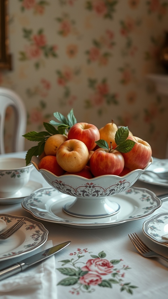 A vintage china bowl filled with apples on a dining table, surrounded by elegant plates and cutlery.