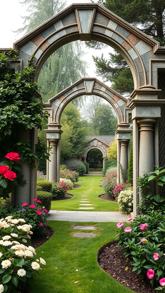 A garden featuring vintage stone arches surrounded by colorful flowers and lush greenery.
