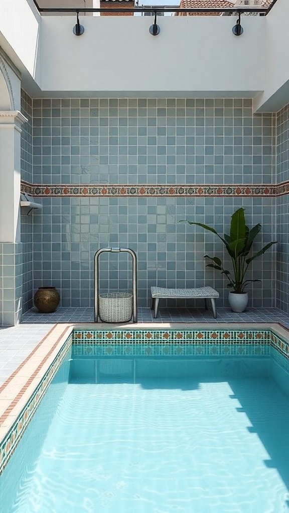 A vintage style plunge pool with blue tiles and a cozy lounge chair.