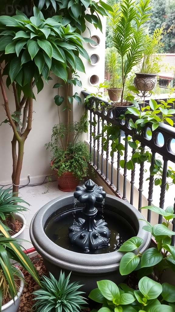 A balcony garden featuring a small fountain surrounded by various green plants.