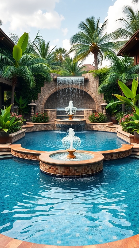 A luxurious pool featuring a waterfall and fountain, surrounded by tropical plants.