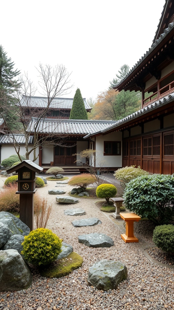 A modern Japanese garden featuring stone paths, greenery, and traditional architecture.