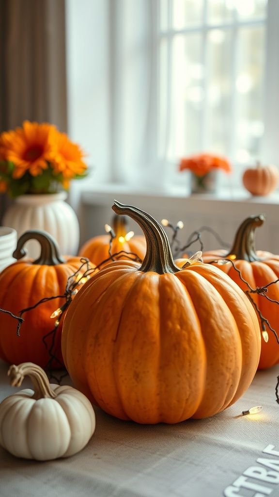 A cozy dining table centerpiece featuring pumpkins and fairy lights.